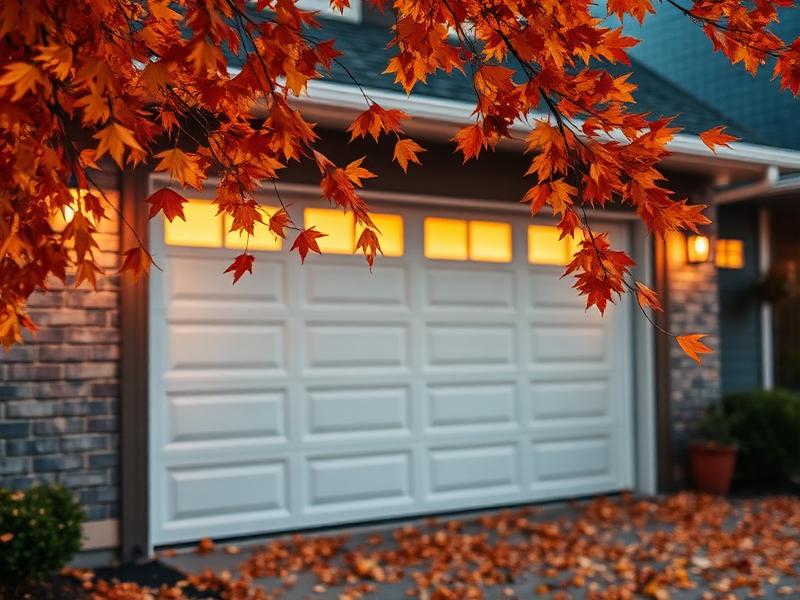 Residential garage door surrounded by autumn leaves