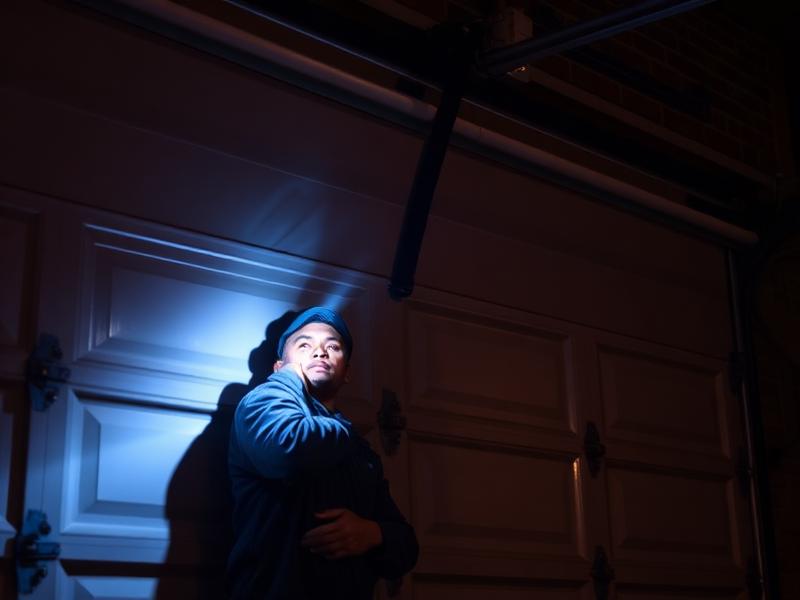 Emergency garage door repair technician working at night