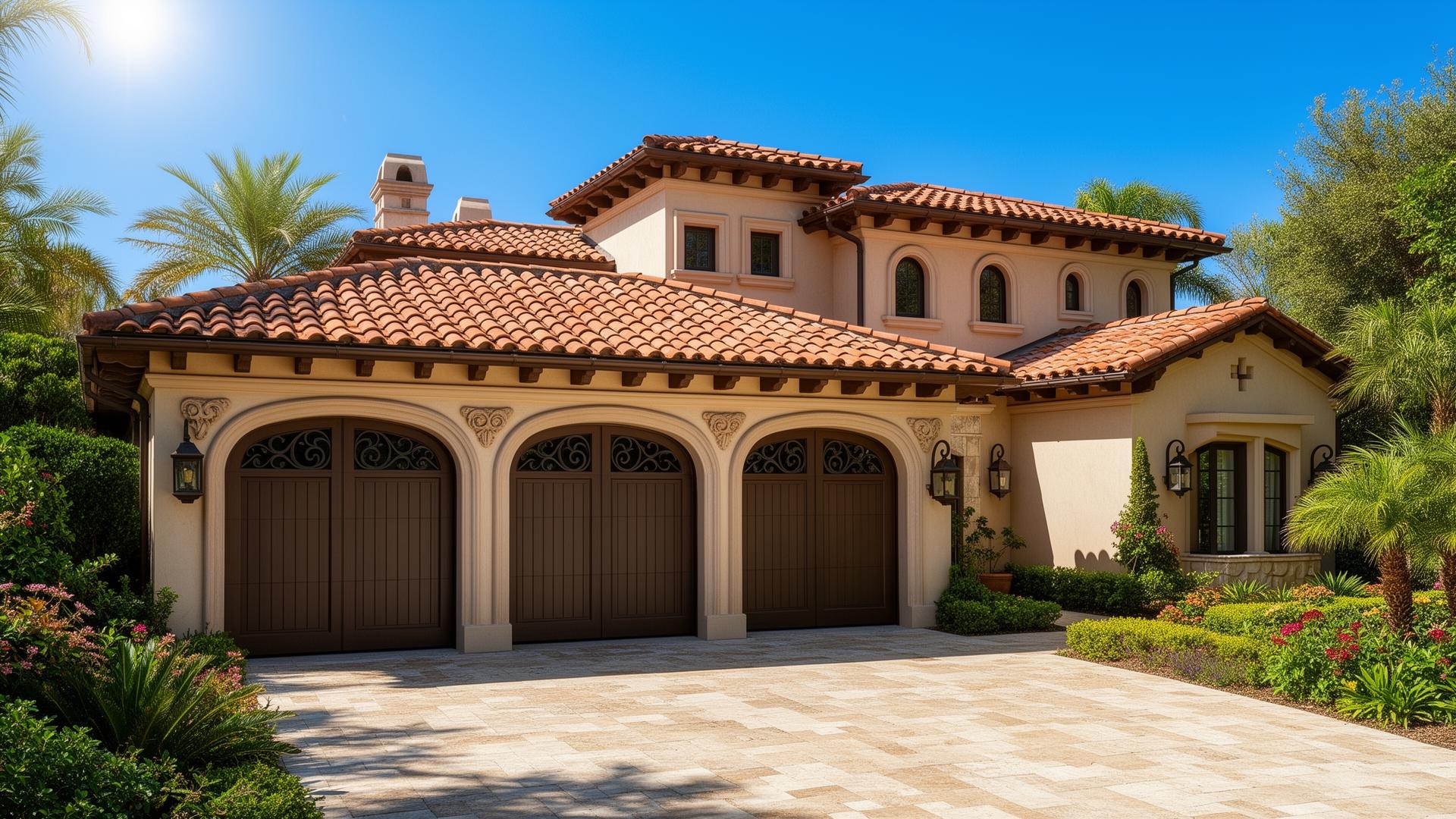 Luxury home with Victorian style garage doors featuring ornate trim details