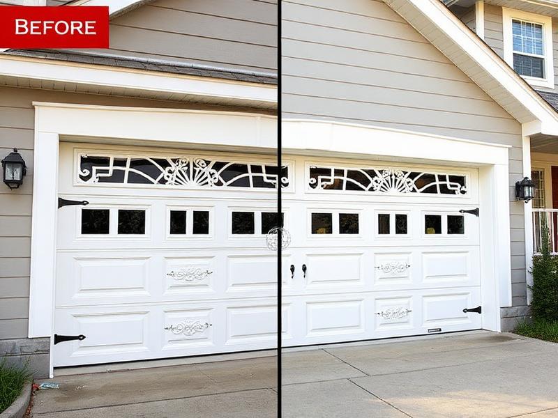 Professional garage door installation before and after showing Victorian style door