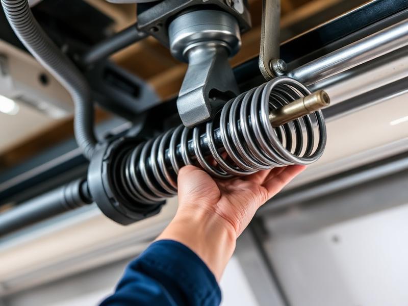 Technician performing torsion spring replacement on garage door