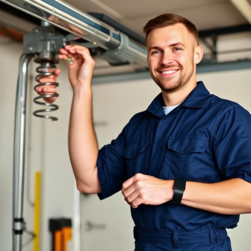 Professional garage door technician in uniform inspecting garage door springs